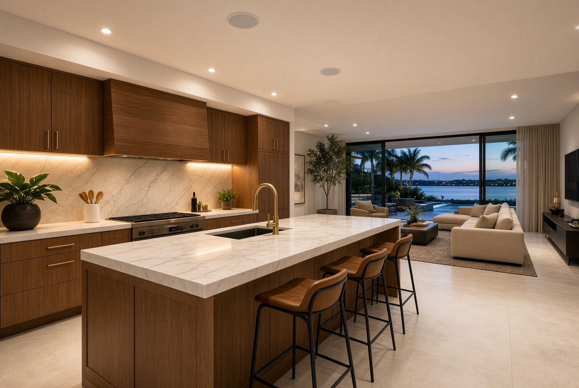 Kitchen with in-ceiling speakers