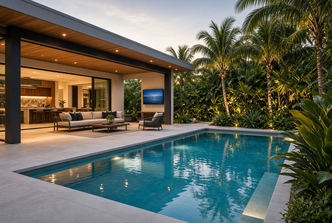 South Florida pool and lanai with outdoor TV