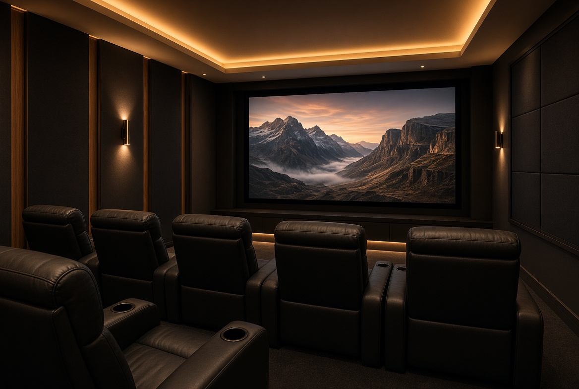 Dedicated home theater with recliner seating